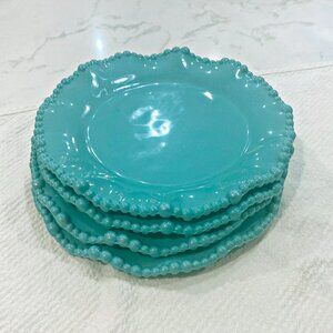 Rachel Ashwell Set of 4 Plates 9" Lunch Salad Teal Shimmery Beaded Ruffled Edge